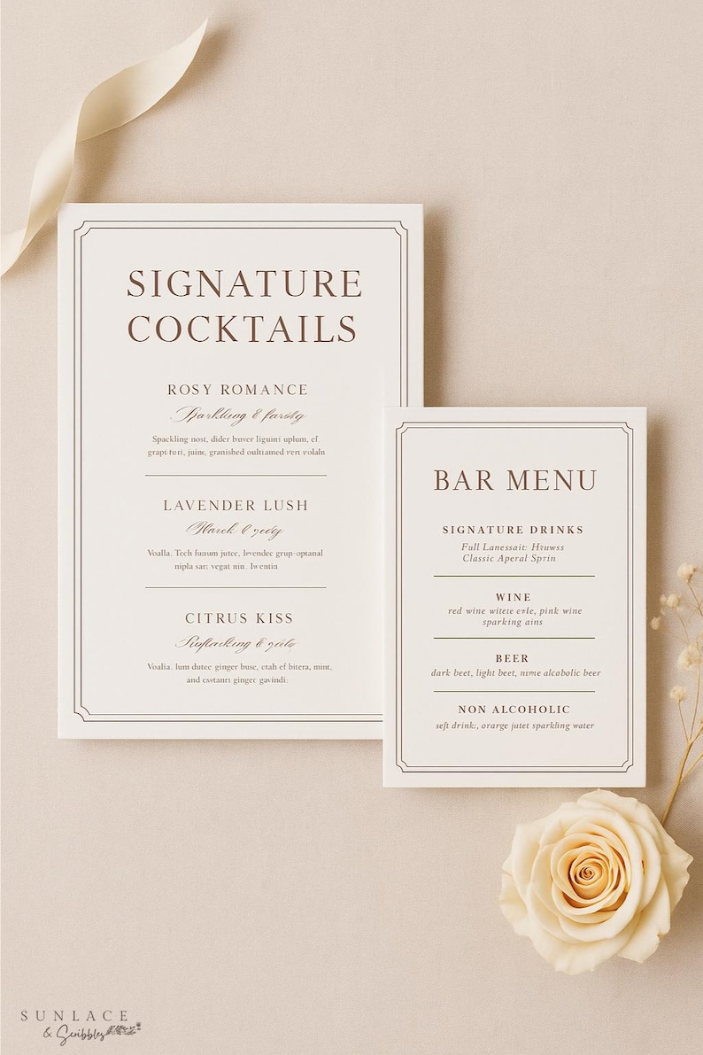 May include: Two rectangular menu cards with brown text on a cream background. The larger card reads "Signature Cocktails" with drink names and ingredients. The smaller card says "Bar Menu" with drink categories and options.