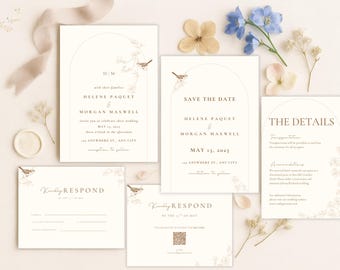 Woodland Wedding Invitation Suite Templates: Minimalist Bird & Botanical Arch Design (Customizable Digital Download)