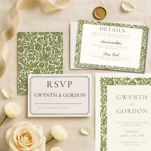 May include: Wedding invitation suite with floral design in green and cream. Includes invitation, RSVP, details card, and patterned card. Features the names Gwynth and Gordon, with details about the wedding.