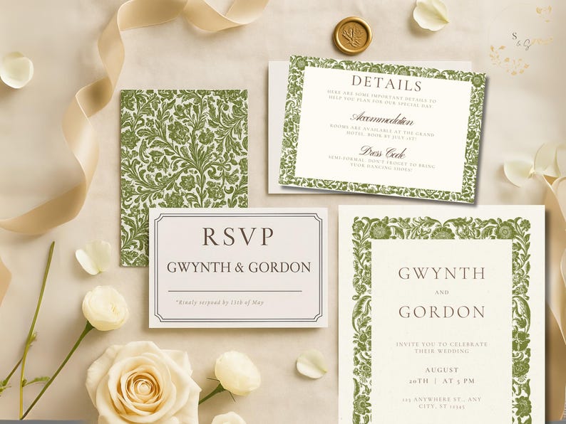 May include: Wedding invitation suite with floral design in green and cream. Includes invitation, RSVP, details card, and patterned card. Features the names Gwynth and Gordon, with details about the wedding.