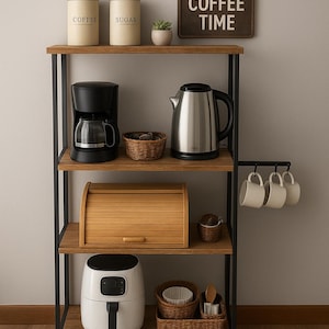 Op de afbeelding: Een keukenrek van hout en zwart metaal met koffie- en suikerpotten, een koffiezetapparaat, een waterkoker, een broodtrommel en een airfryer. Een bord met de tekst "COFFEE TIME" hangt erboven. Drie mokken hangen aan een zijrek.