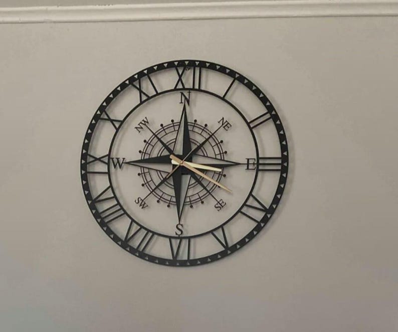 Elegant Black Metal Wall Clock – Roman Numerals & Compass Design - Etsy