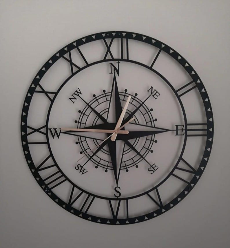 Elegant Black Metal Wall Clock – Roman Numerals & Compass Design - Etsy