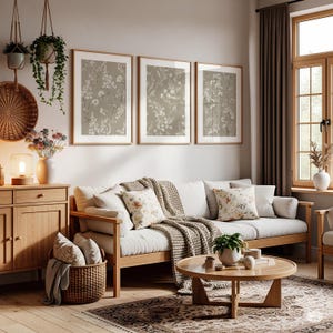 Botanical Wall Art Set of 3 - Neutral Beige Prints, Digital Download, Muted Decor