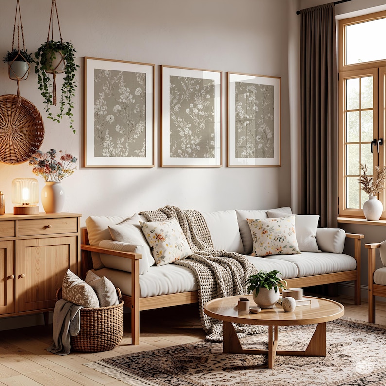 Botanical Wall Art Set of 3 - Neutral Beige Prints, Digital Download, Muted Decor