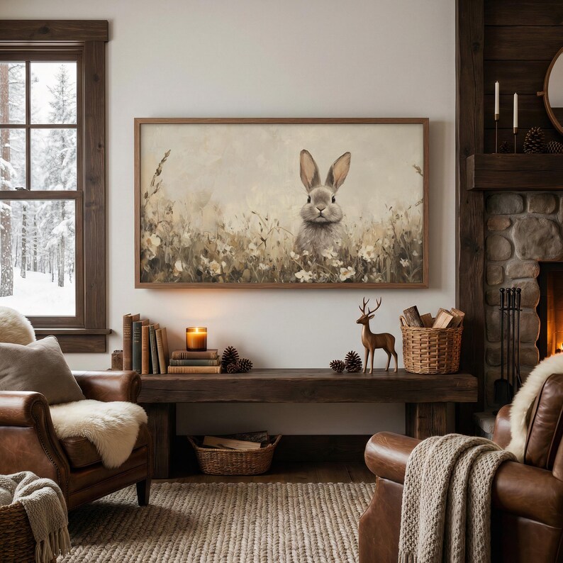 Vintage Style Beige Easter Bunny TV Art | Wildflower Field Painting | Neutral Spring Decor