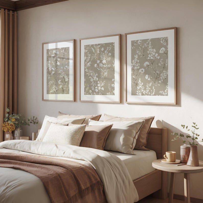 Botanical Wall Art Set of 3 - Neutral Beige Prints, Digital Download, Muted Decor
