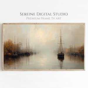 May include: A framed digital art print of a serene harbor scene. Several tall-masted ships are silhouetted against a misty, golden-hued sky. The water reflects the ships and the soft light, creating a tranquil atmosphere.