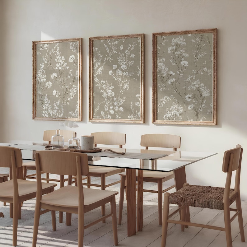 Botanical Wall Art Set of 3 - Neutral Beige Prints, Digital Download, Muted Decor