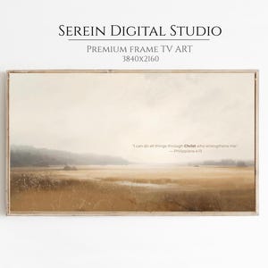 May include: A framed landscape art print featuring a field with tall grass and a misty background. The artwork has a neutral color palette with text that reads "I can do all things through Christ who strengthens me - Philippians 4:13."