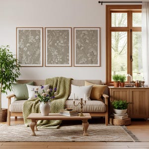 Botanical Wall Art Set of 3 - Neutral Beige Prints, Digital Download, Muted Decor