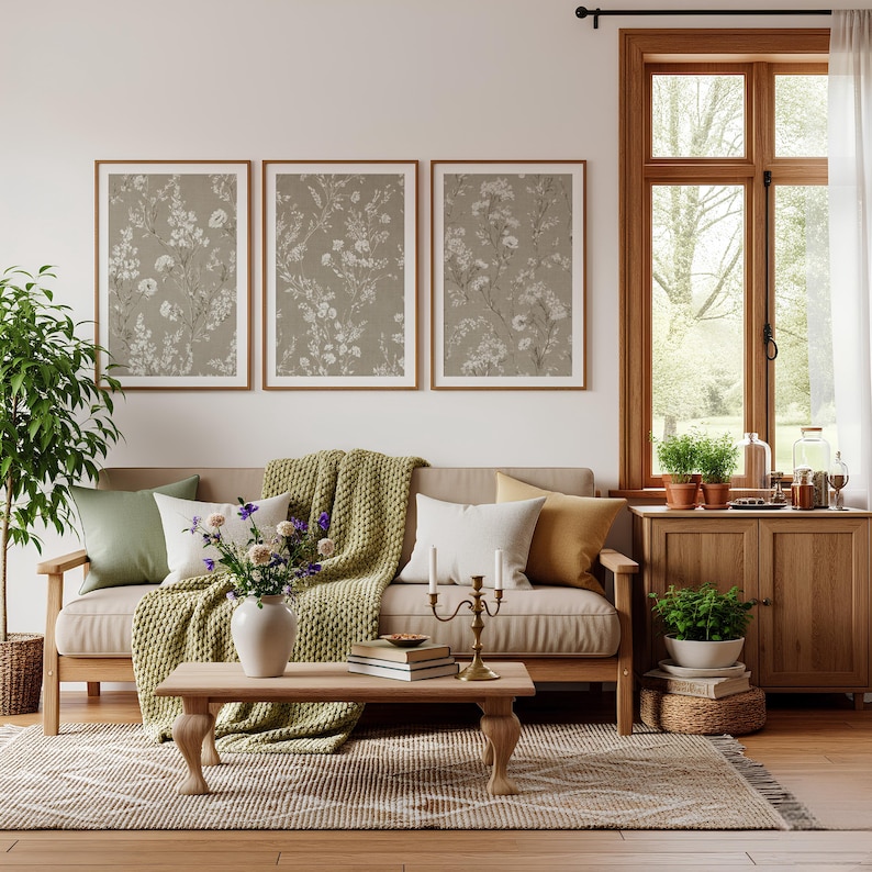 Botanical Wall Art Set of 3 - Neutral Beige Prints, Digital Download, Muted Decor