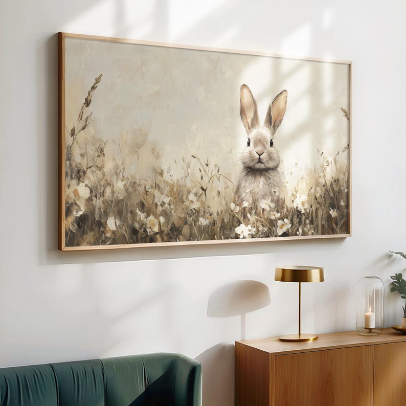 Vintage Style Beige Easter Bunny TV Art | Wildflower Field Painting | Neutral Spring Decor