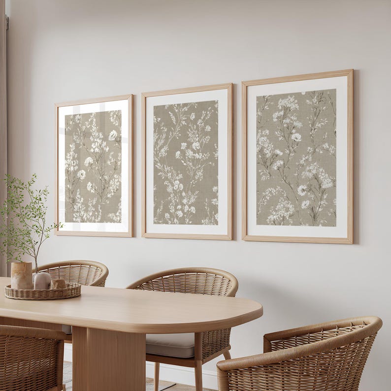 Botanical Wall Art Set of 3 - Neutral Beige Prints, Digital Download, Muted Decor