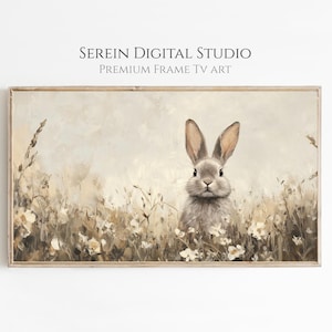 Vintage Style Beige Easter Bunny TV Art | Wildflower Field Painting | Neutral Spring Decor