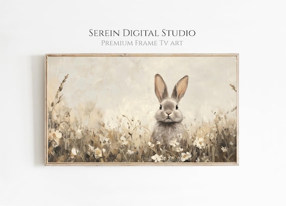 Vintage Style Beige Easter Bunny TV Art | Wildflower Field Painting | Neutral Spring Decor