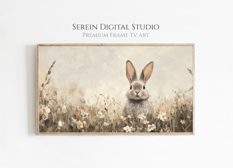 Vintage Style Beige Easter Bunny TV Art | Wildflower Field Painting | Neutral Spring Decor