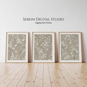Botanical Wall Art Set of 3 - Neutral Beige Prints, Digital Download, Muted Decor