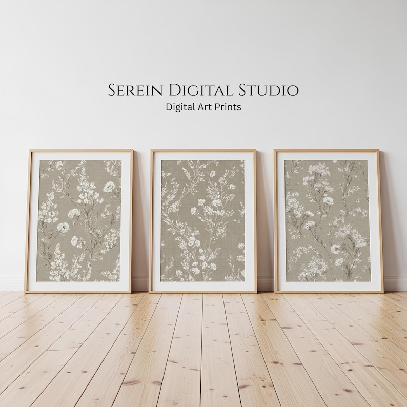 Botanical Wall Art Set of 3 - Neutral Beige Prints, Digital Download, Muted Decor