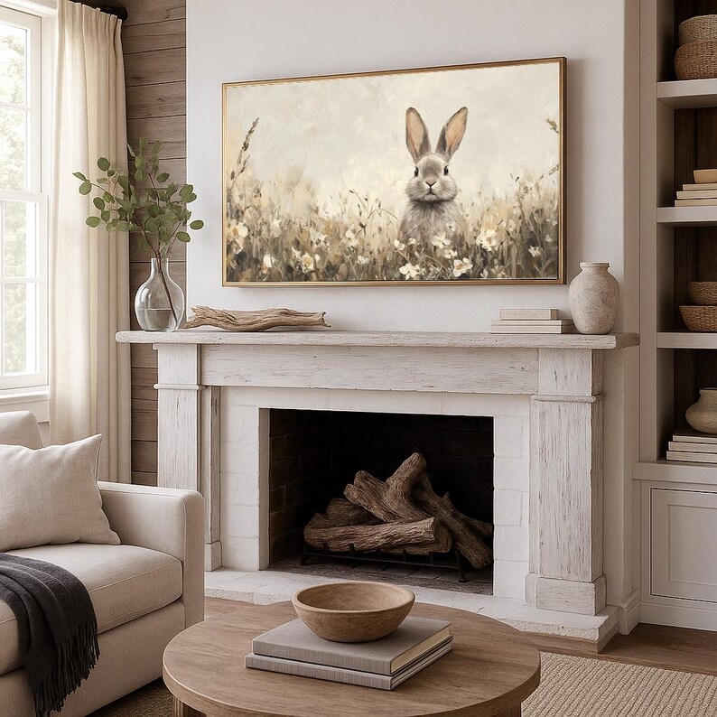 Vintage Style Beige Easter Bunny TV Art | Wildflower Field Painting | Neutral Spring Decor