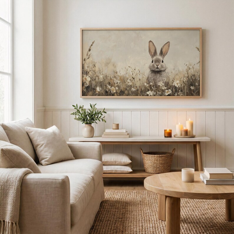 Vintage Style Beige Easter Bunny TV Art | Wildflower Field Painting | Neutral Spring Decor