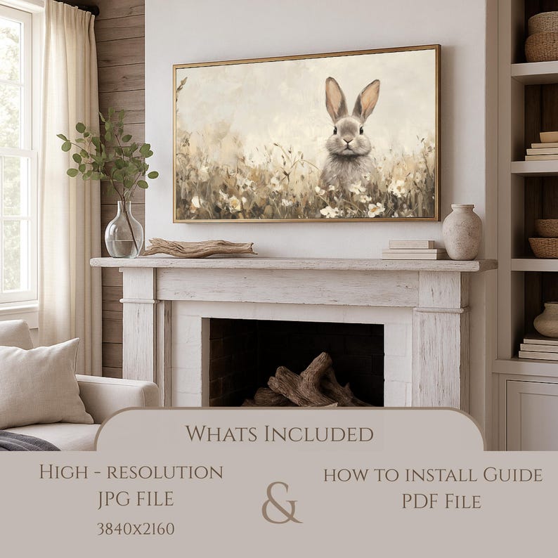 Vintage Style Beige Easter Bunny TV Art | Wildflower Field Painting | Neutral Spring Decor