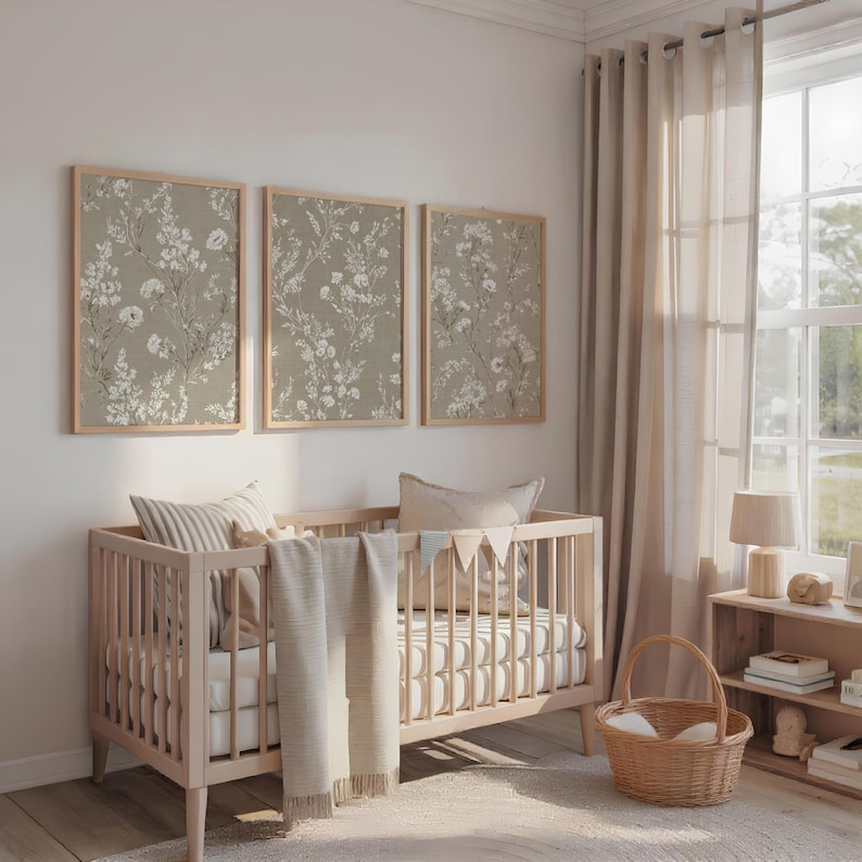 Botanical Wall Art Set of 3 - Neutral Beige Prints, Digital Download, Muted Decor