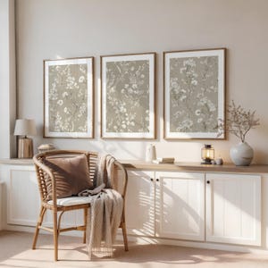 Botanical Wall Art Set of 3 - Neutral Beige Prints, Digital Download, Muted Decor
