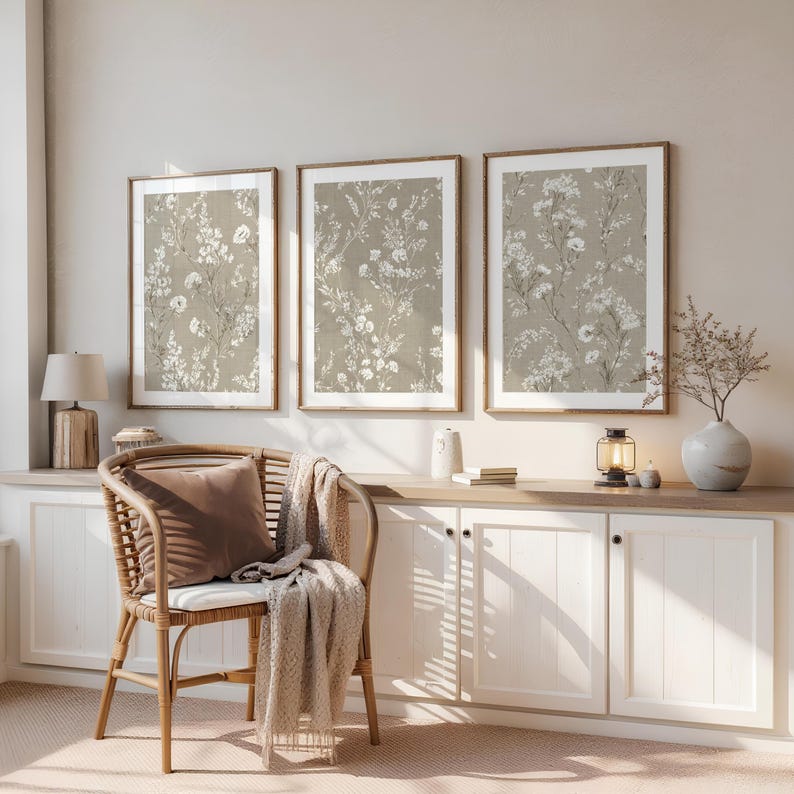 Botanical Wall Art Set of 3 - Neutral Beige Prints, Digital Download, Muted Decor