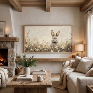 Vintage Style Beige Easter Bunny TV Art | Wildflower Field Painting | Neutral Spring Decor