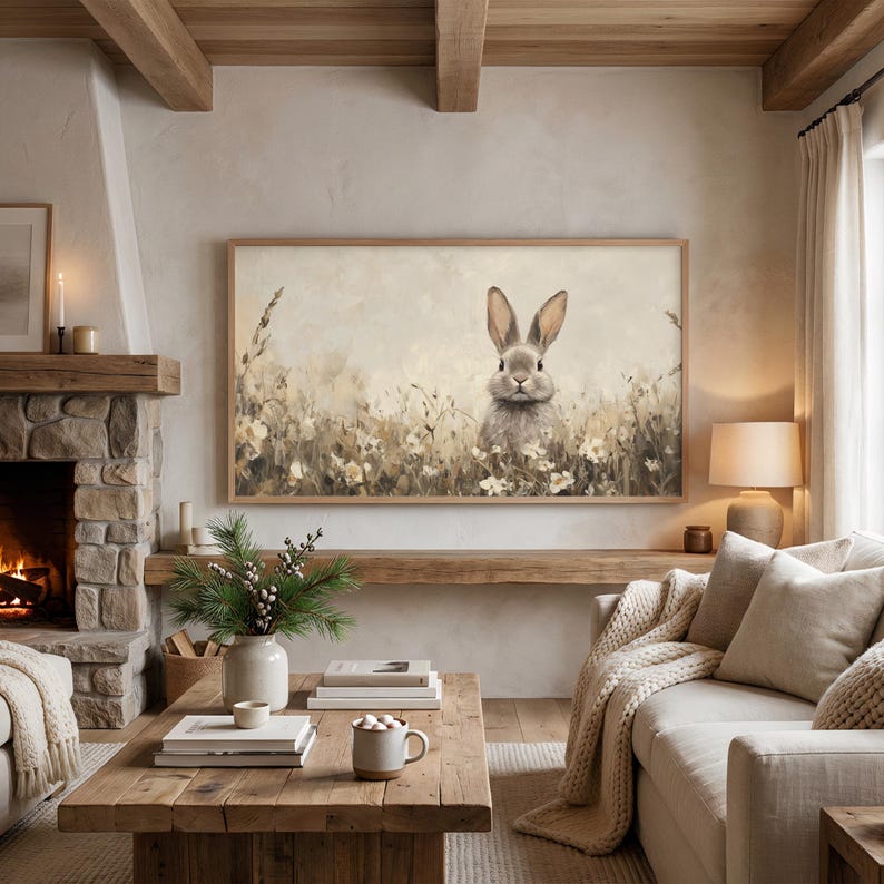 Vintage Style Beige Easter Bunny TV Art | Wildflower Field Painting | Neutral Spring Decor