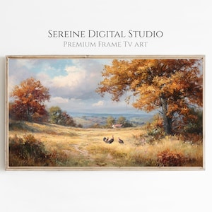 May include: A framed landscape painting featuring a field with trees in autumn colors. The artwork depicts a path leading to a small house in the distance, with two birds in the foreground. The text "SEREINE DIGITAL STUDIO PREMIUM FRAME TV ART" is at the top.