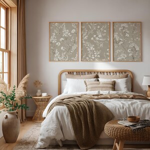 Botanical Wall Art Set of 3 - Neutral Beige Prints, Digital Download, Muted Decor