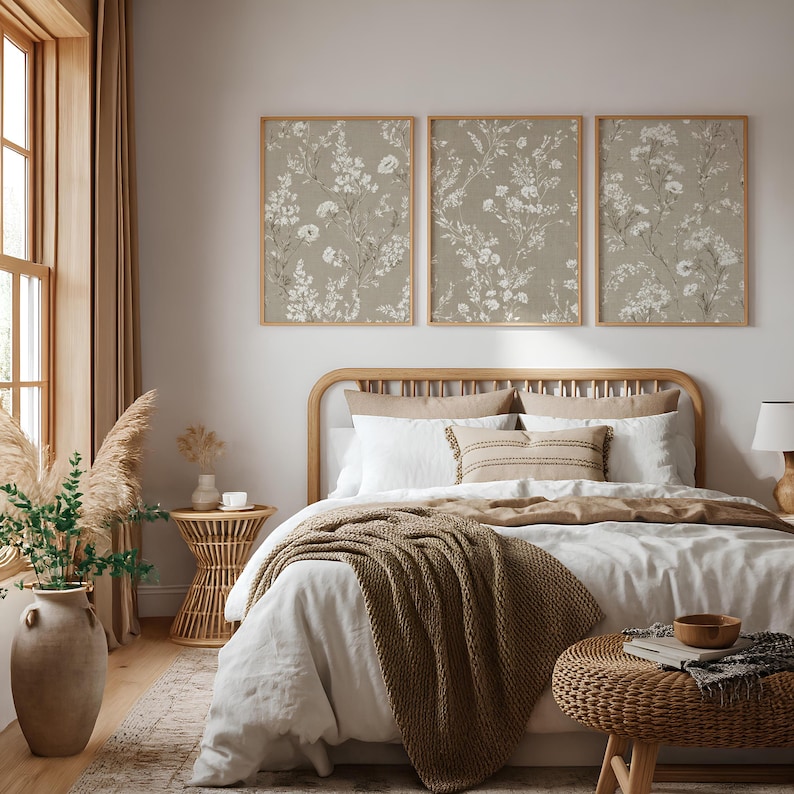 Botanical Wall Art Set of 3 - Neutral Beige Prints, Digital Download, Muted Decor