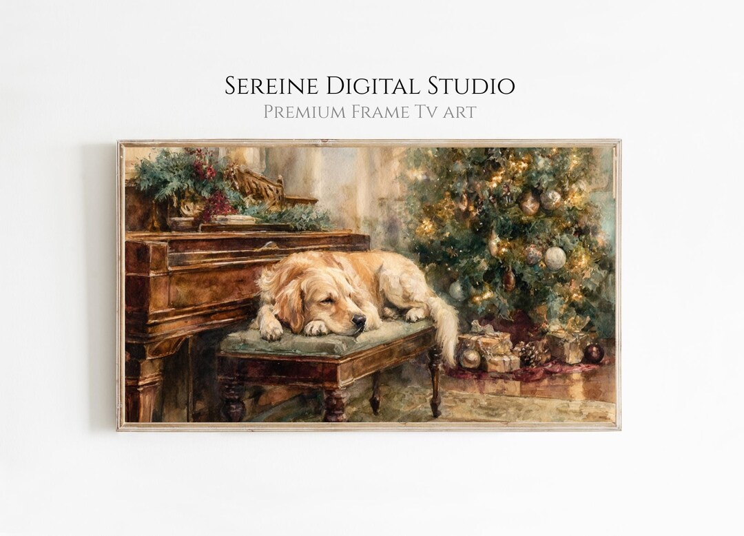 Cozy Golden Retriever Christmas Tree Watercolor Frame TV Art | Digital ...