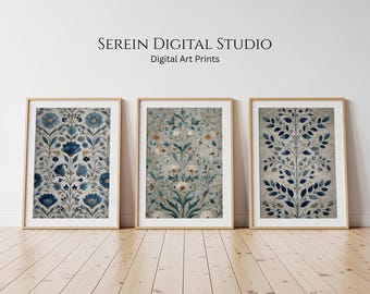 Antike textile Wandkunst - blauer einfarbiger Wandteppich-Galerie 3er-Set Drucke | Digitaler Download | Rustikales Bauernhaus