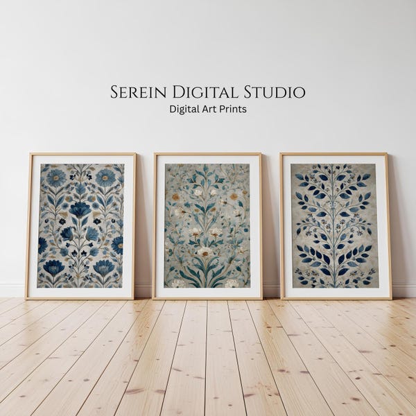 Antique Textile Wall Art - Blue Monochromatic Tapestry Gallery Set of 3 Prints | Digital Download | Rustic Farmhouse