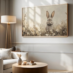 Vintage Style Beige Easter Bunny TV Art | Wildflower Field Painting | Neutral Spring Decor