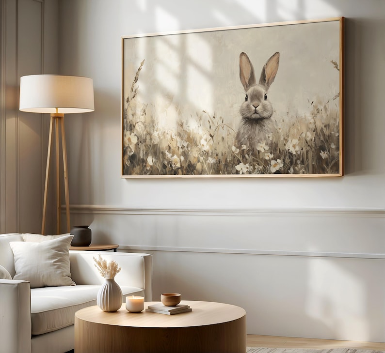 Vintage Style Beige Easter Bunny TV Art | Wildflower Field Painting | Neutral Spring Decor