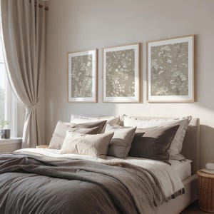 Botanical Wall Art Set of 3 - Neutral Beige Prints, Digital Download, Muted Decor