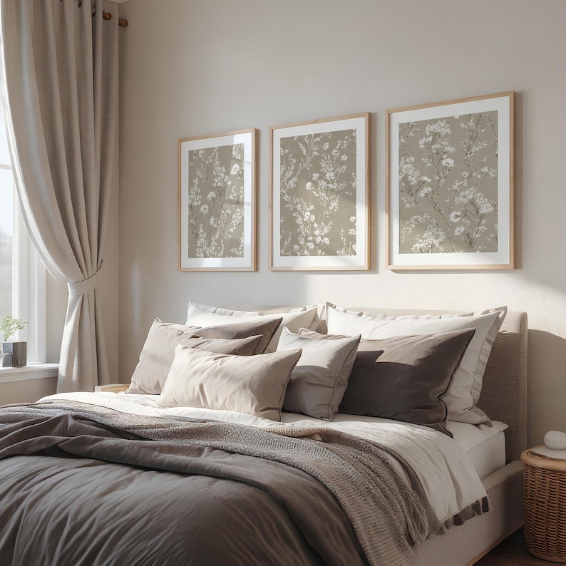 Botanical Wall Art Set of 3 - Neutral Beige Prints, Digital Download, Muted Decor