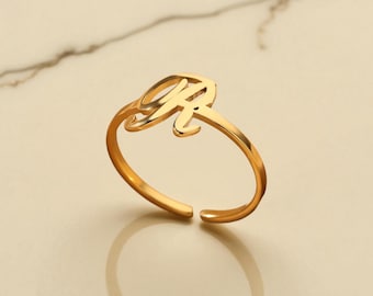 Gold Initial Letter Ring for Women, Adjustable Stainless Steel Jewelry