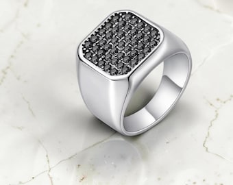 Herren Siegelring aus Edelstahl, grauer Zirkonia quadratischer Punk Statement Ring