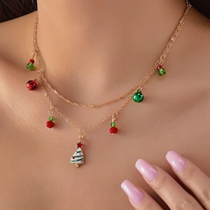Collier De Noël Pour Femme - Pendentif Sapin De Noël En Cristal - Cadeau Festif Rouge Et Vert Doré