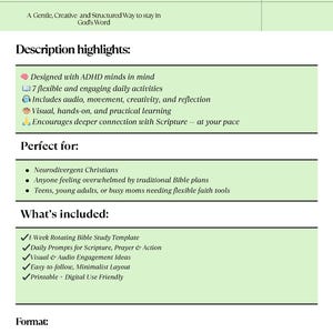 May include: ADHD-Friendly Bible Study Weekly Template with a minimalist design. Includes daily prompts, audio engagement, and a flexible layout. Designed for neurodivergent Christians and those seeking a creative approach to scripture study.