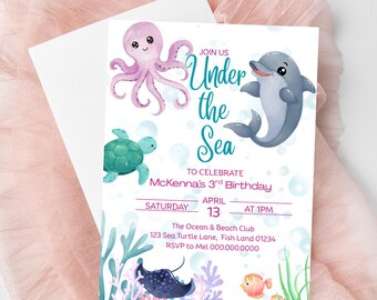Under the Sea Birthday Invitation: Mermaid Ocean Animals (Digital Canva Template 5x7 in)