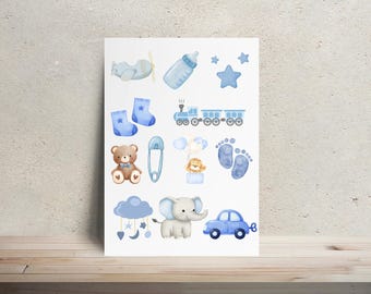 Onesie Decorating Kit Shades of Blue - Boy Theme | Iron On Transfers | DIY Baby Shower Activity, Baby Shower Game, Onesie Making, Baby Bibs