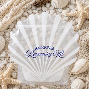 May include: A clear, shell-shaped plastic pouch featuring a white radial stripe pattern and the dark blue text "Hangover Recovery Kit" printed in the center. The pouch includes a resealable zipper closure at the top for storing small items.