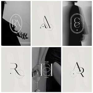 May include: A collection of six minimalist logo designs in black and white. Each logo features stylized initials or letter combinations within geometric shapes, with accompanying text. The images have a soft, elegant aesthetic, suitable for branding.