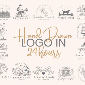 May include: A collection of hand-drawn logos in a variety of styles, including illustrations of trees, animals, and buildings. The text "Hand Drawn Logo in 24 hours" is displayed in a stylish font.